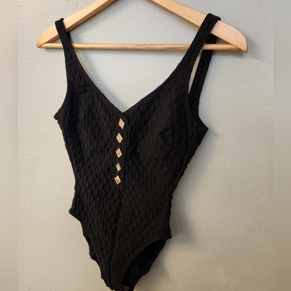 Vintage La Blanca 1980s Chic Black Scoop Back Studded One-Piece Swimsuit